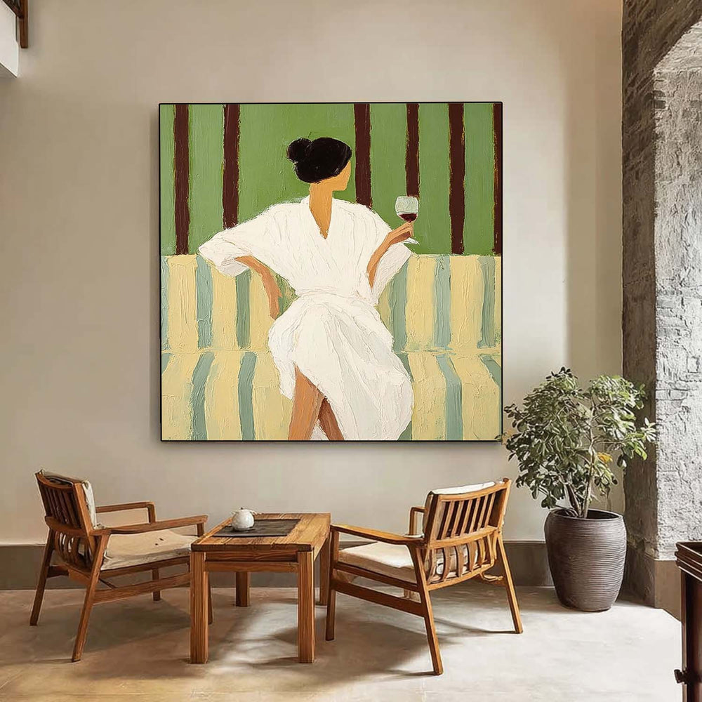 Square Abstract Lady Wearing A Bathrobe Painting Canvas Figure Artwork Original Woman Wall Art