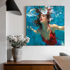 Lady Bright Red clothes Artwork Original Woman swimming Wall Art Square Diving In Ocean Girl Acrylic Painting