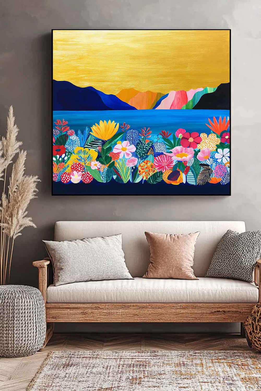 Floral Painting on Canvas Large Illustration style Wall Art Original Flower Bush Botanical Square Artwork