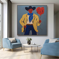 Original Cowboy With Red Heart Balloon Painting Canvas Western Style Wall Art For Home Decor Art Lovers Gift