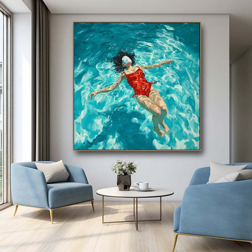 Square Diving In Ocean Sensual Woman Acrylic Painting Original Girl swimming Wall Art Pretty Lady Artwork