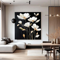 Black Original Artwork Texture Plant Wall Art Large White Flower Abstract Oil Painting Canvas Home Decor