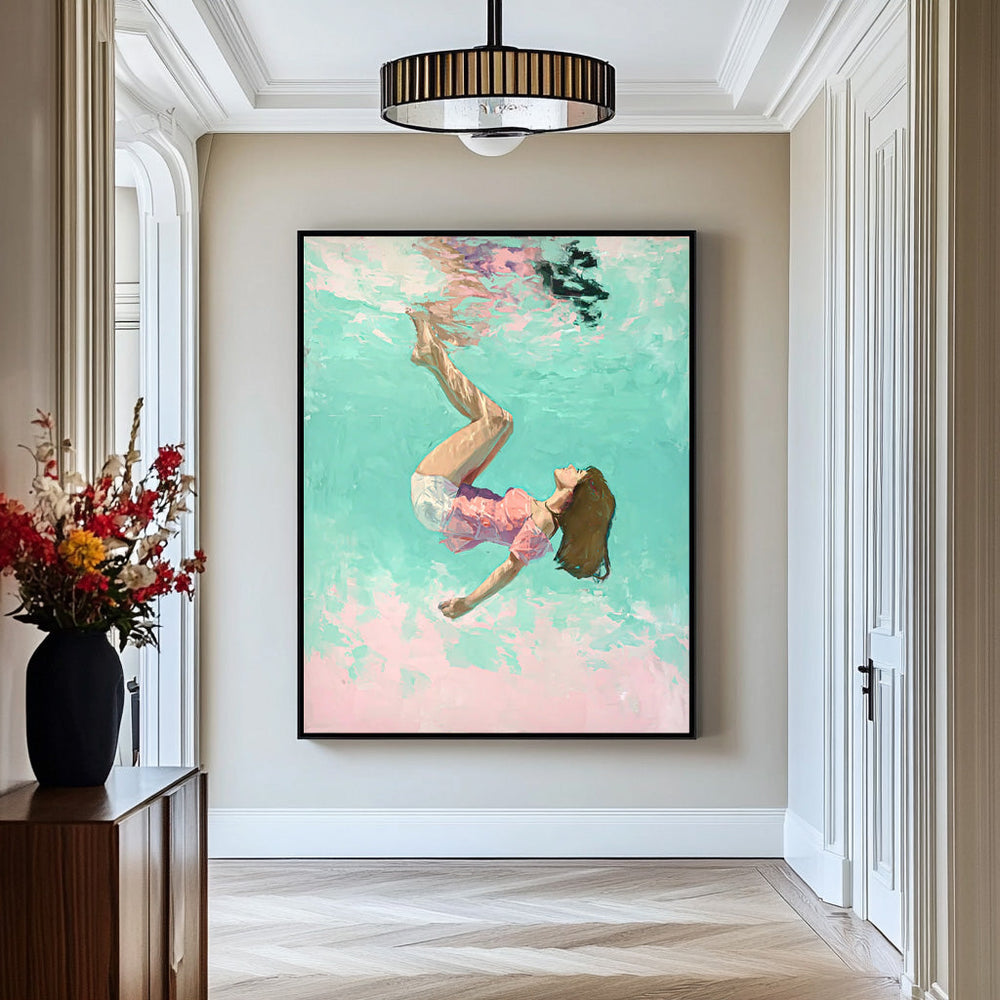 Green And Pink Diving In Ocean Woman Acrylic Painting Cute Lady Artwork Original Girl swimming Wall Art