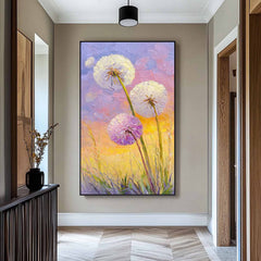 3D Palette Knife Textured Dandelion Oil Painting On Canvas Vertical Meadow Floral Wall Art For Home Decor