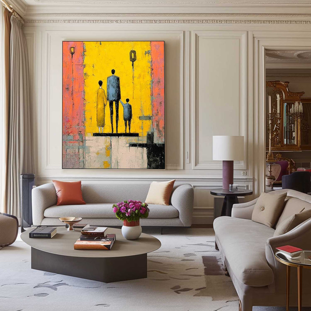 Modern Neutral Background Framed Minimalist Family Wall Art Original City Silhouette Oil Painting 