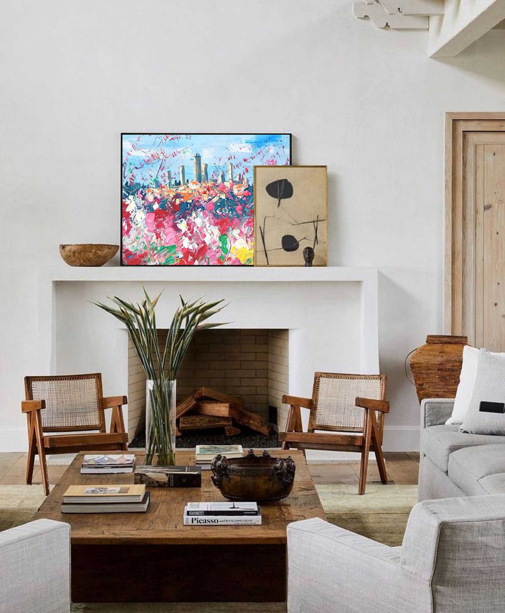 Modern Abstract Cityscape Oil Painting Large Flowers Texture Painting On Canvas Blue Pink Wall Art Living Room Decoration