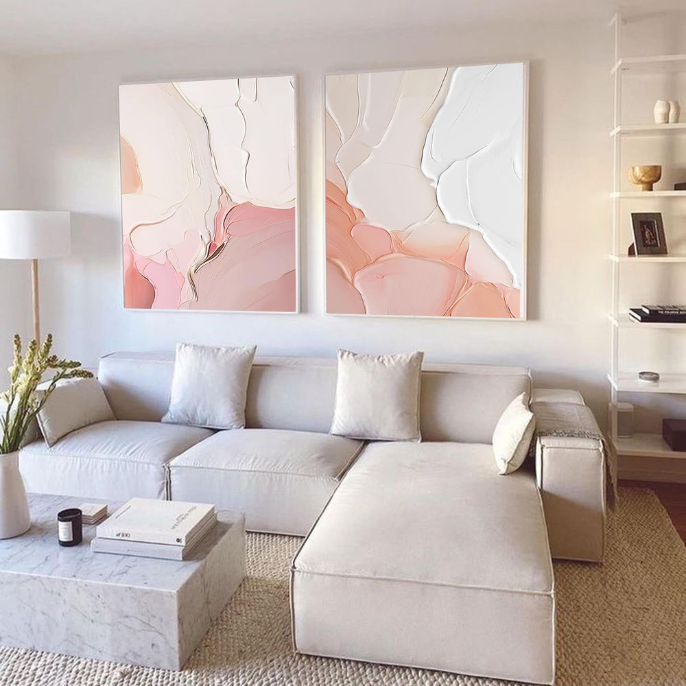 Set of 2 Pink Large Abstract Oil Painting Modern Wall Art Original Texture Oil Painting Living Room Decor
