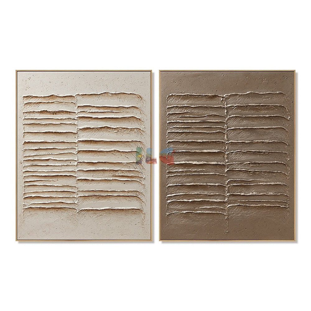 Folded Earth Lines Pair – Abstract Wabi-Sabi Relief Wall Art hand-painted wall art