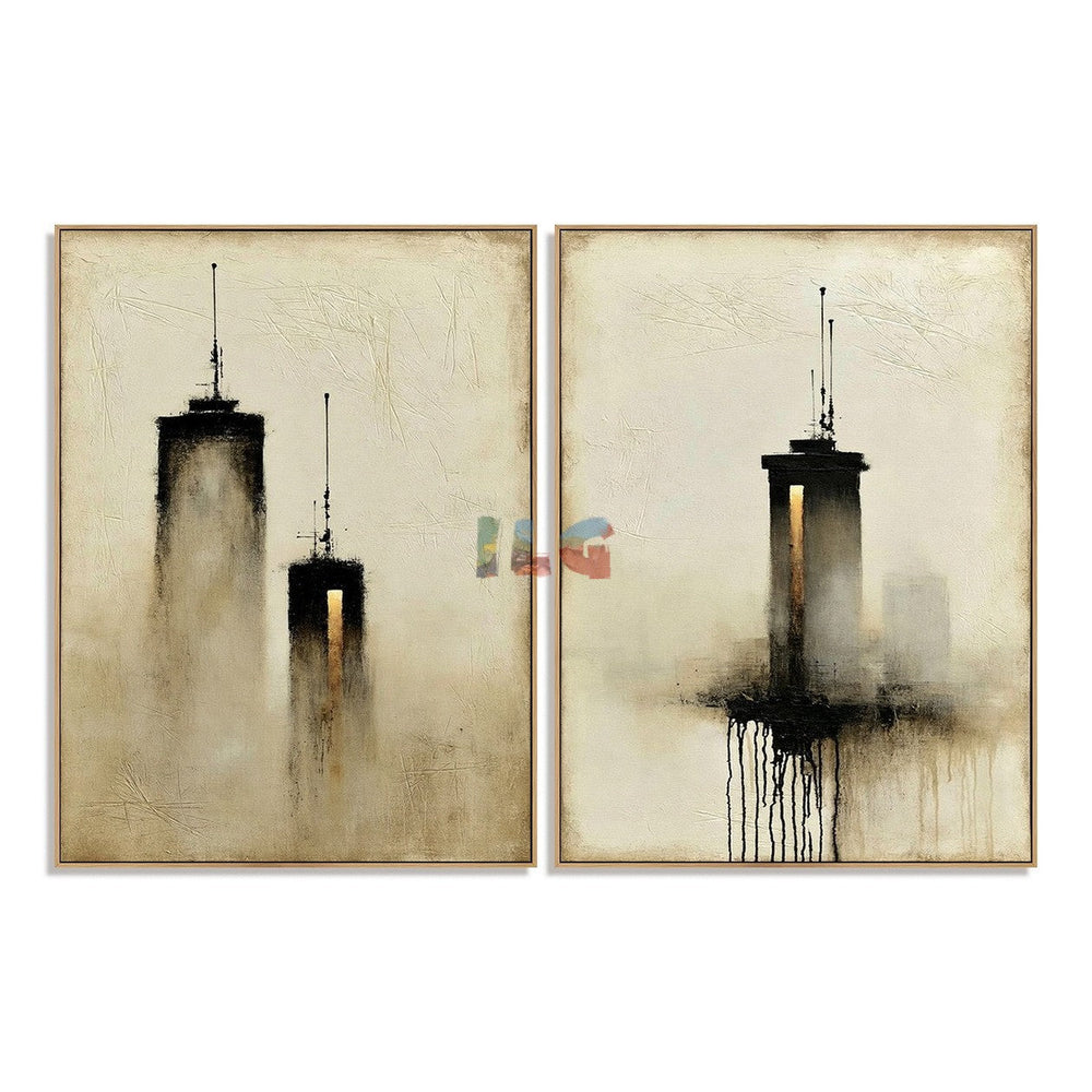 Shadow Signal Towers – Abstract Urban Textured Wall Art hand-painted wall art