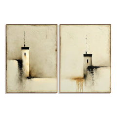 Veiled City Spires Pair – Abstract Urban Textured Wall Art hand-painted wall art