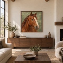 Chestnut & Sage horse painting framed in a Southwestern living room