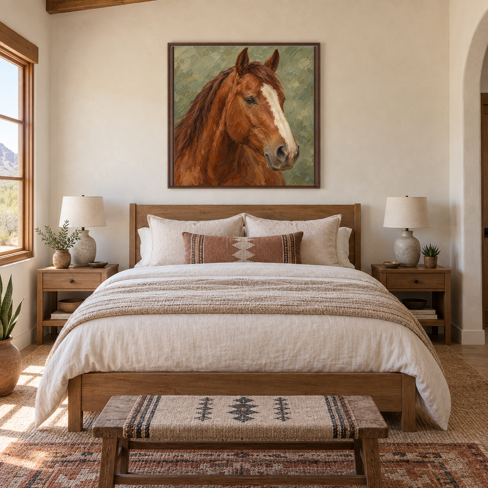Chestnut & Sage horse painting framed in a guest bedroom