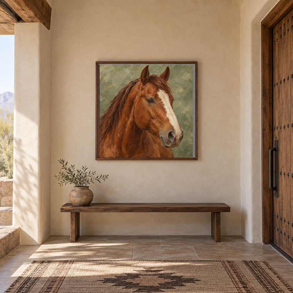Chestnut & Sage horse painting framed in a Southwestern entry hall