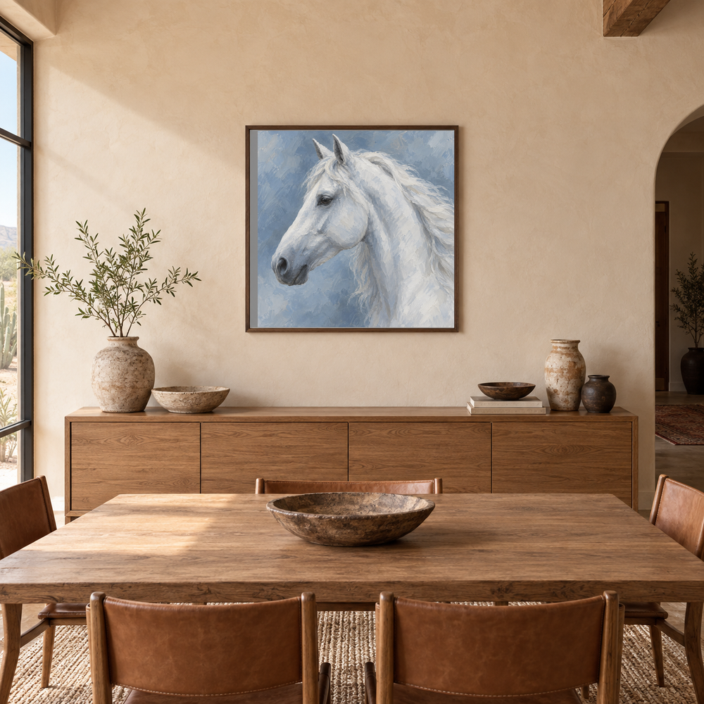 White Horse in Blue painting framed in a adobe-inspired dining room