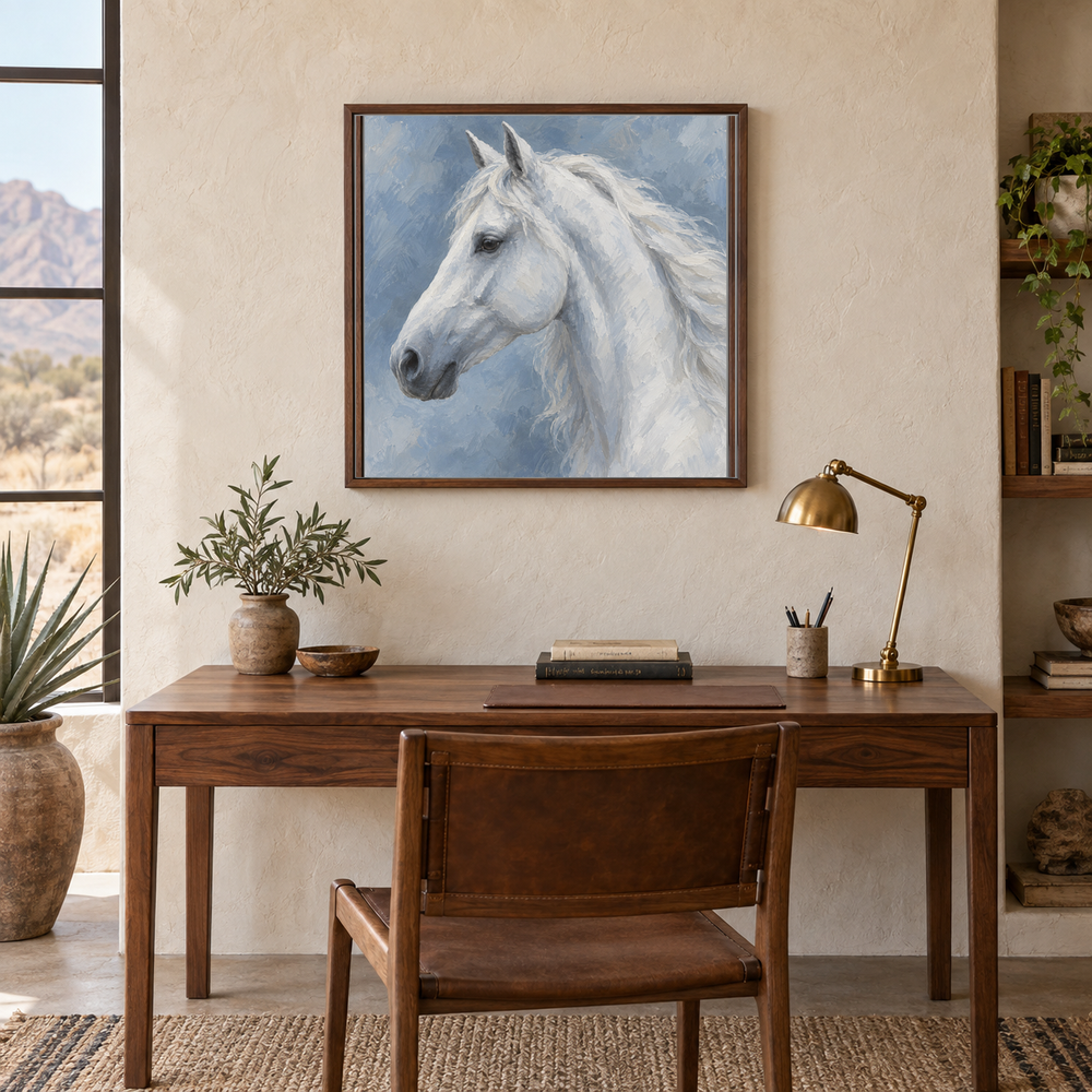 White Horse in Blue painting framed in a quiet Western study