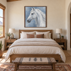 White Horse in Blue painting framed in a guest bedroom