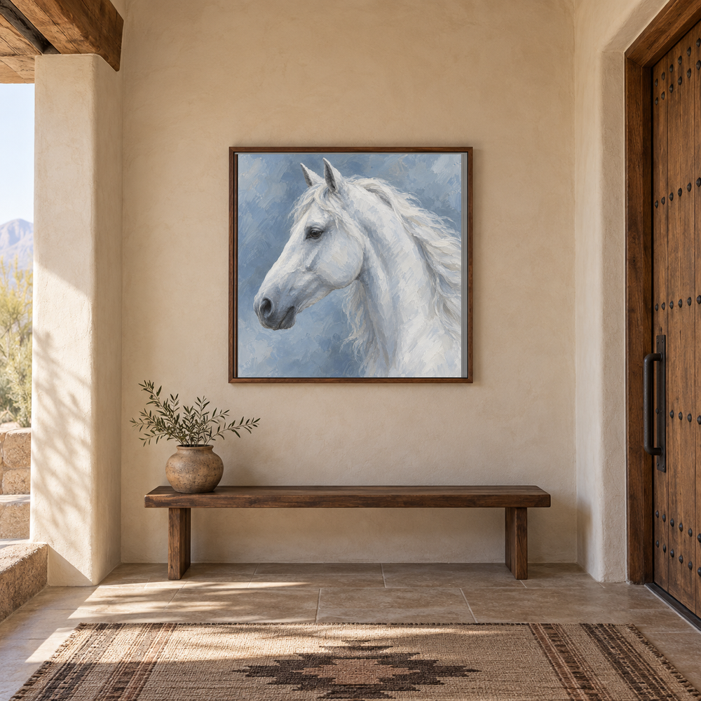 White Horse in Blue painting framed in a Southwestern entry hall