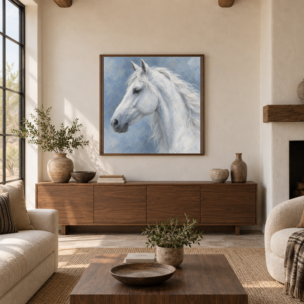 White Horse in Blue painting framed in a Southwestern living room