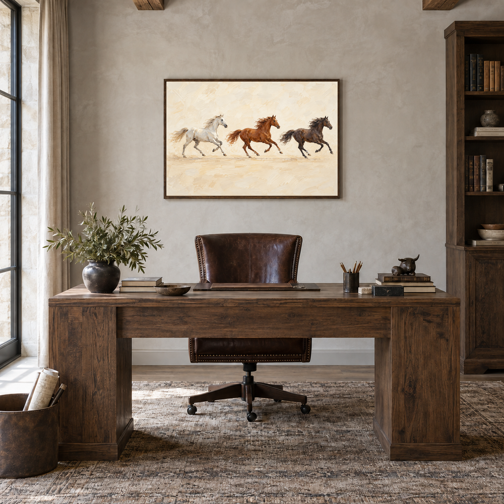 Three Horses Running painting framed in a oak-furnished study