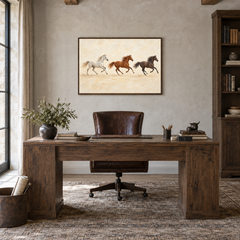 Three Horses Running painting framed in a oak-furnished study