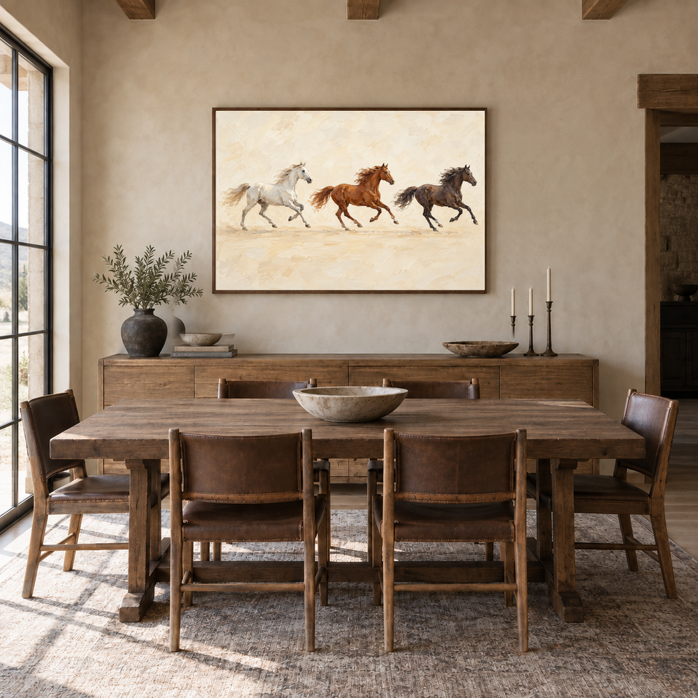 Three Horses Running painting framed in a ranch dining room