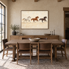 Three Horses Running painting framed in a ranch dining room