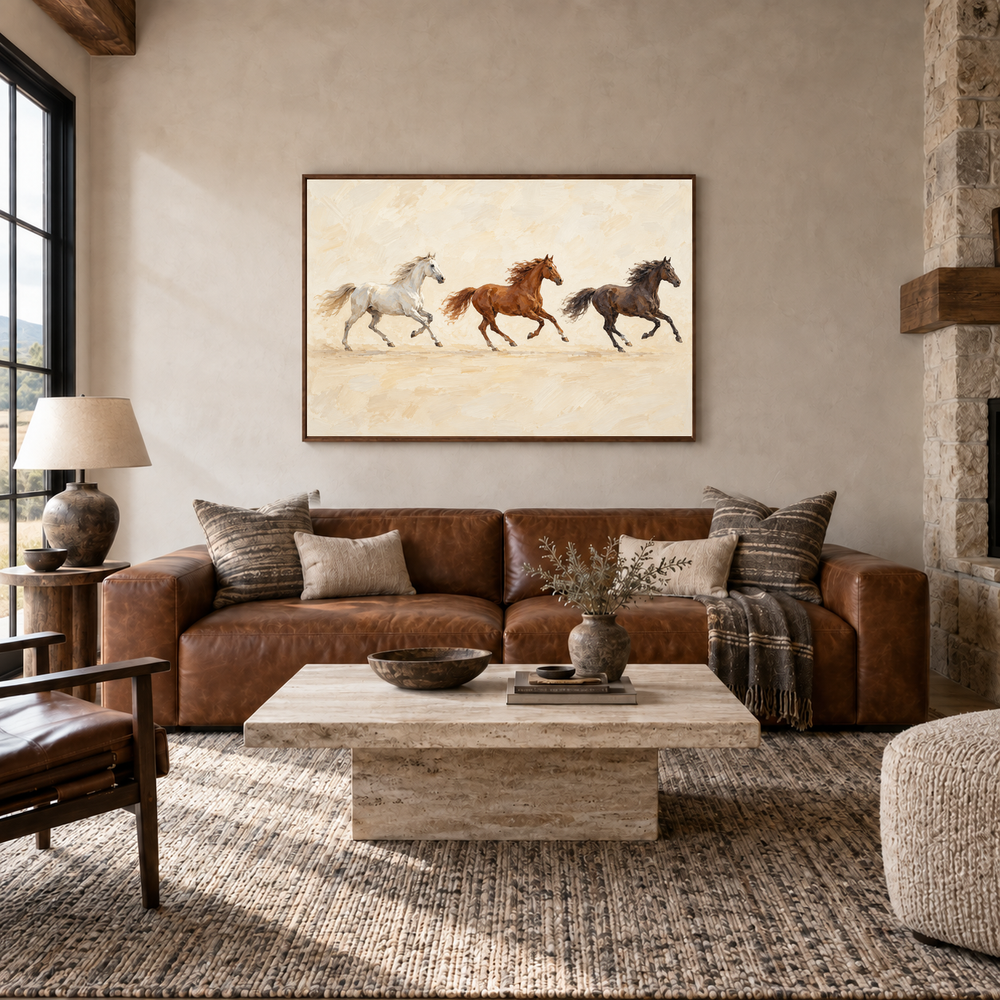 Three Horses Running painting framed in a ranch living room