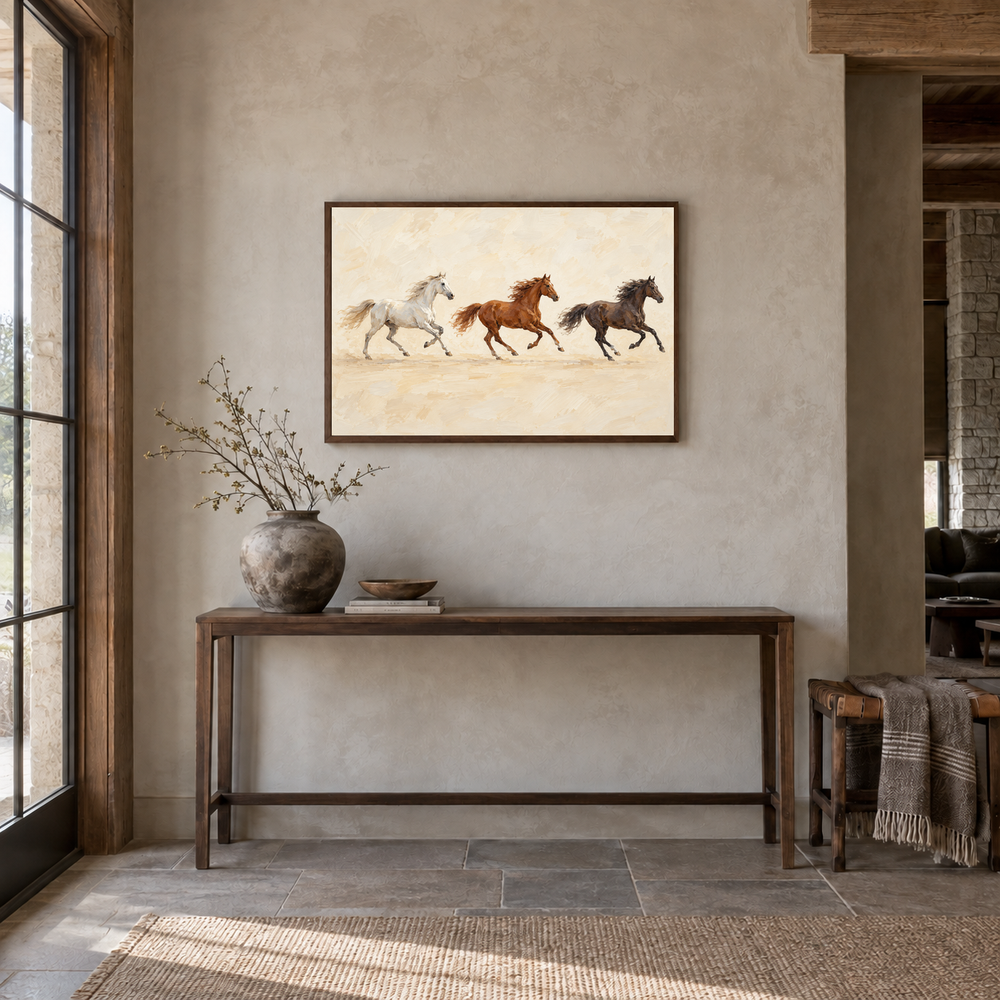 Three Horses Running painting framed in a Western entryway