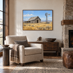 Barn & Windmill painting framed in a stone lodge reading room