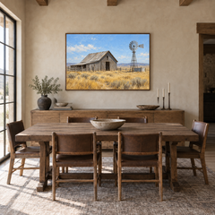 Barn & Windmill painting framed in a ranch dining room