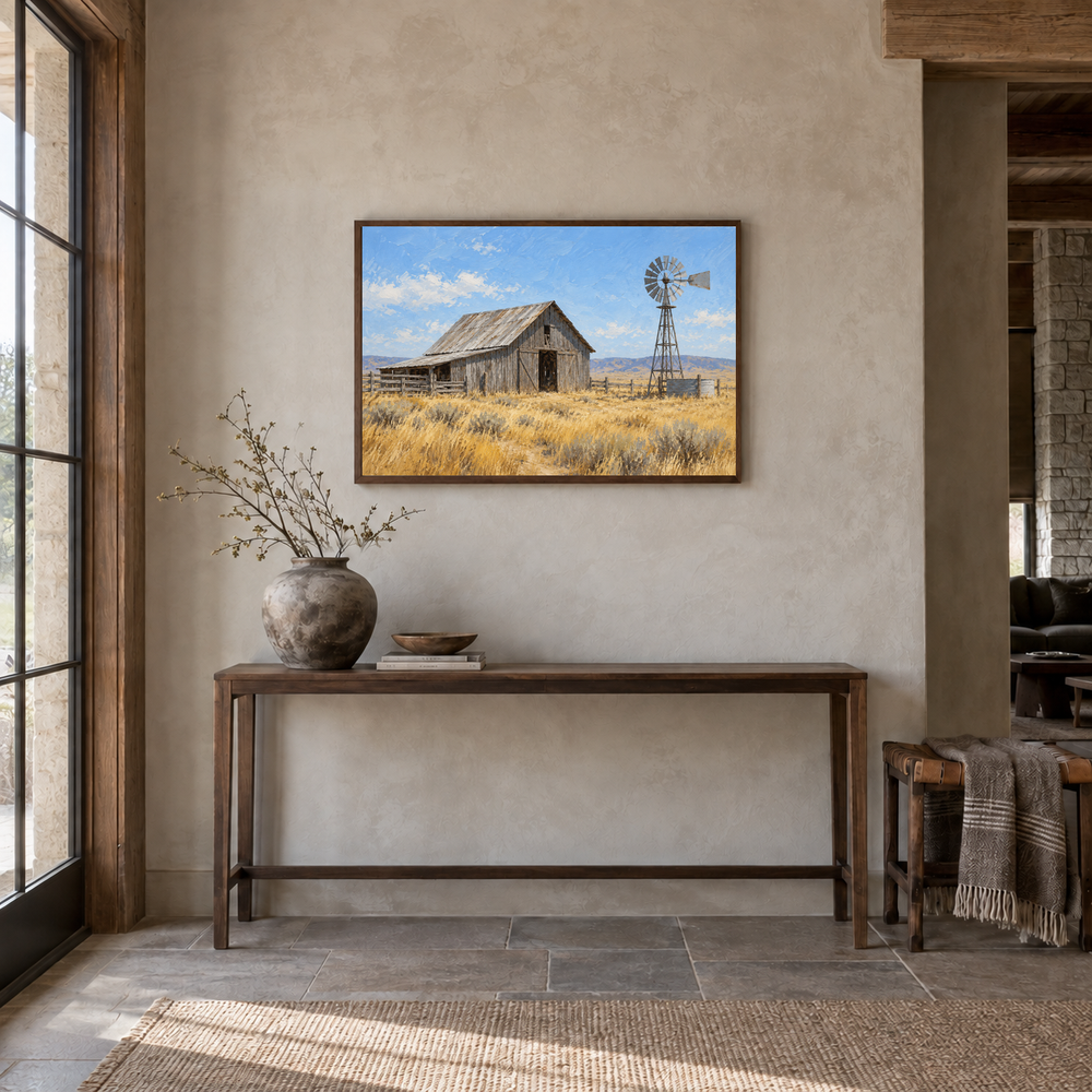 Barn & Windmill painting framed in a Western entryway
