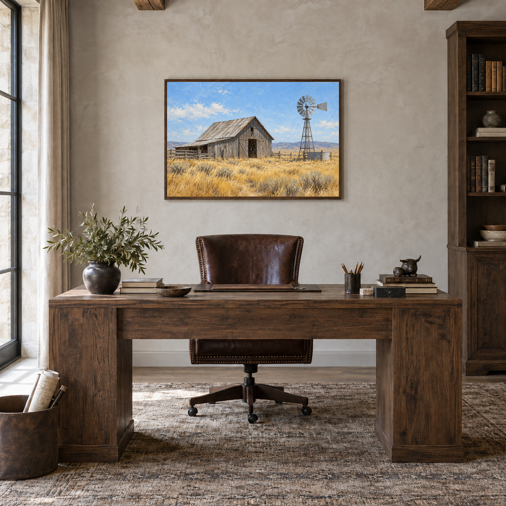 Barn & Windmill painting framed in a oak-furnished study