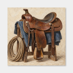 Saddle & Rope oil painting on a neutral gray background