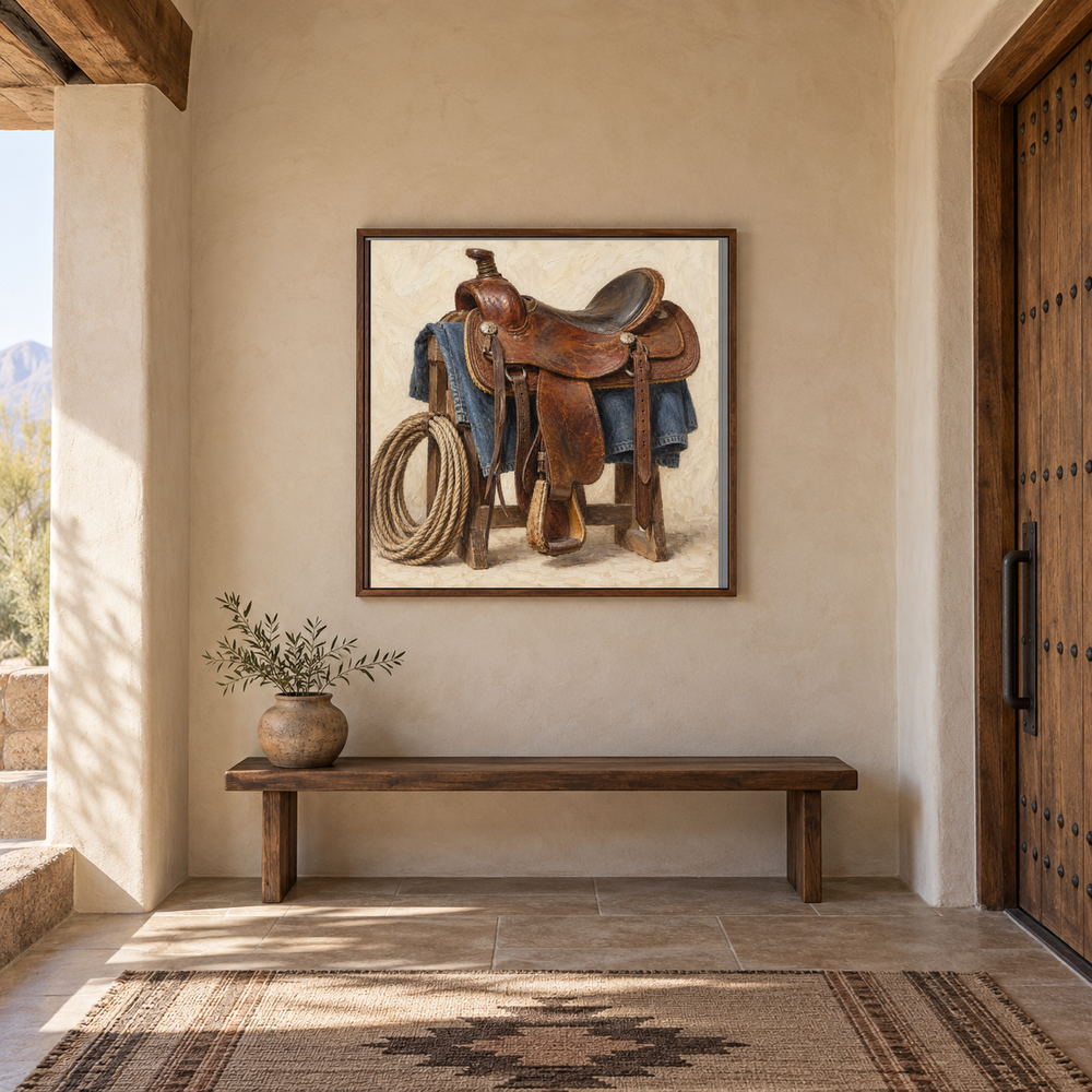 Saddle & Rope painting framed in a Southwestern entry hall