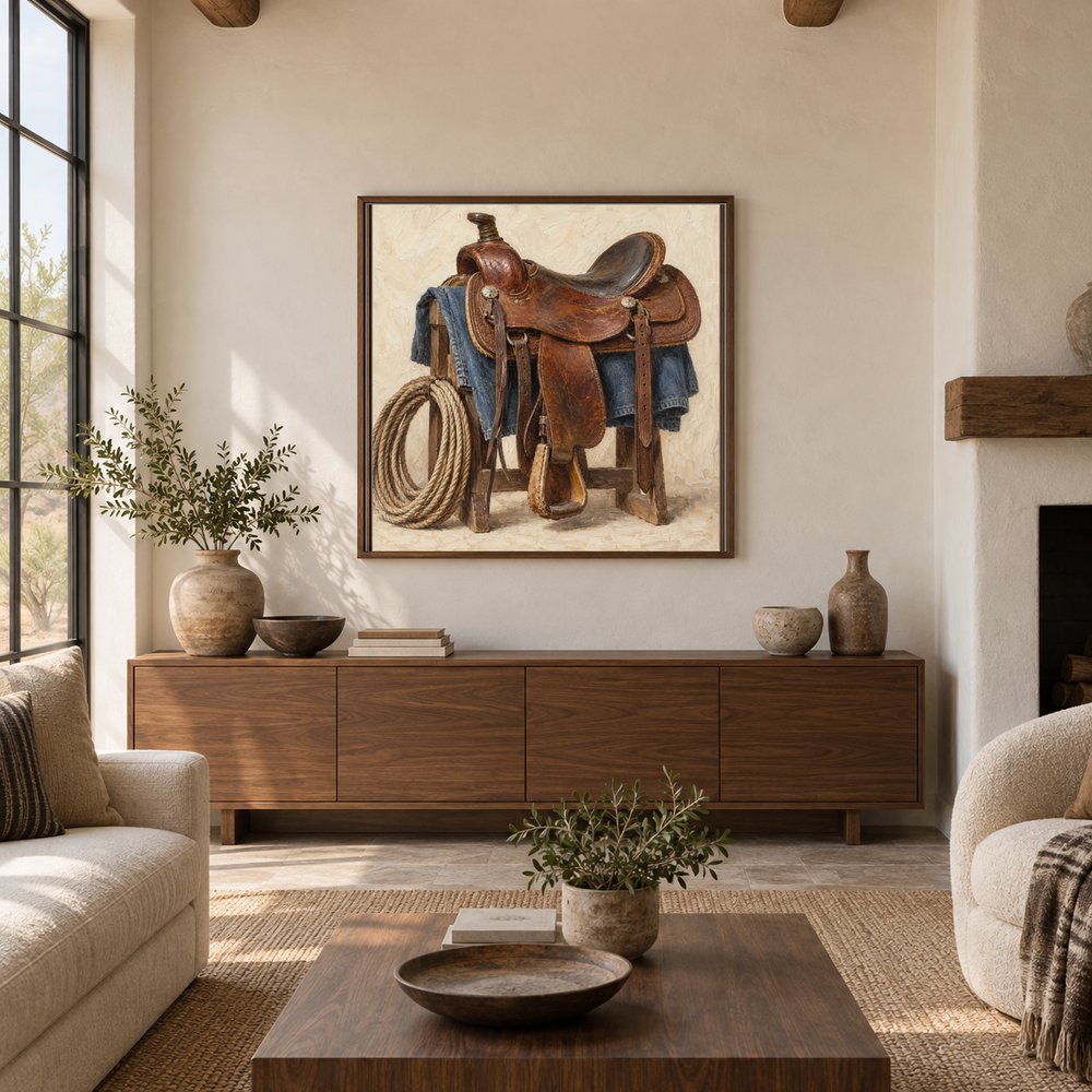 Saddle & Rope painting framed in a Southwestern living room