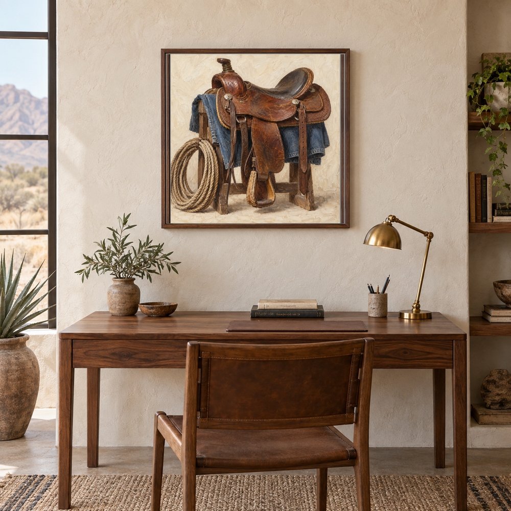 Saddle & Rope painting framed in a quiet Western study