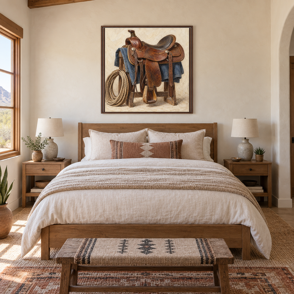 Saddle & Rope painting framed in a guest bedroom