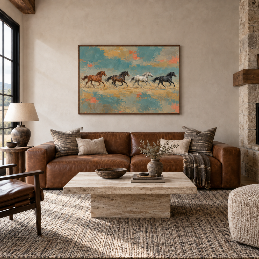Horse Herd in Color Fields painting framed in a ranch living room