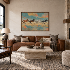 Horse Herd in Color Fields painting framed in a ranch living room