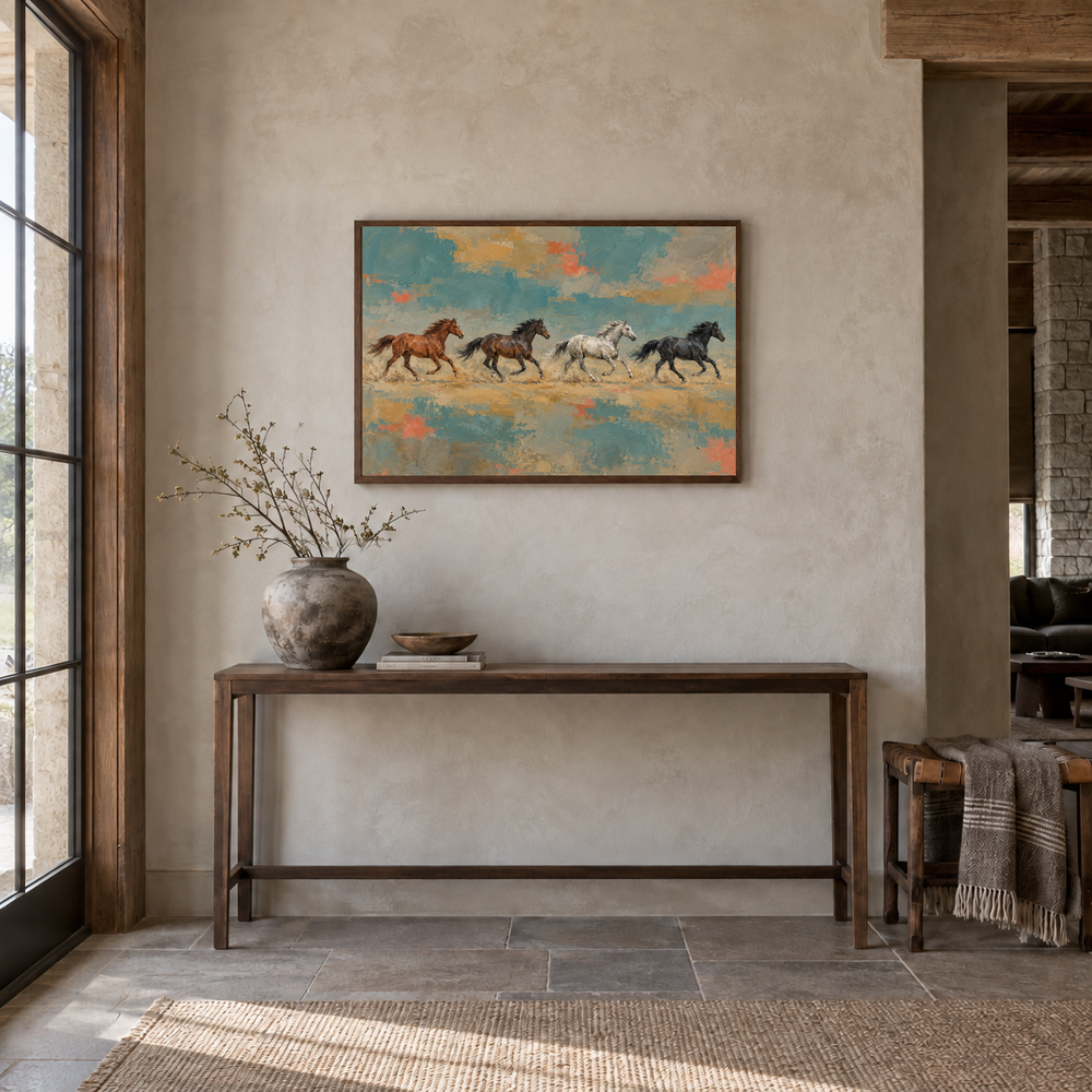 Horse Herd in Color Fields painting framed in a Western entryway