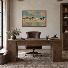 Horse Herd in Color Fields painting framed in a oak-furnished study