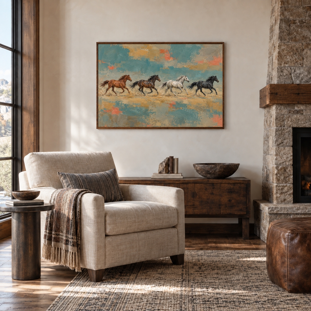Horse Herd in Color Fields painting framed in a stone lodge reading room