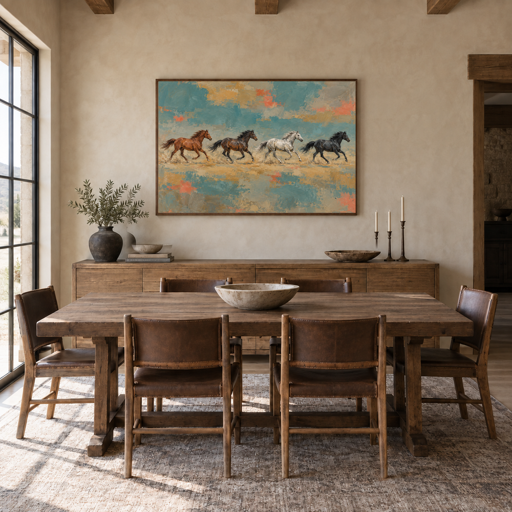 Horse Herd in Color Fields painting framed in a ranch dining room