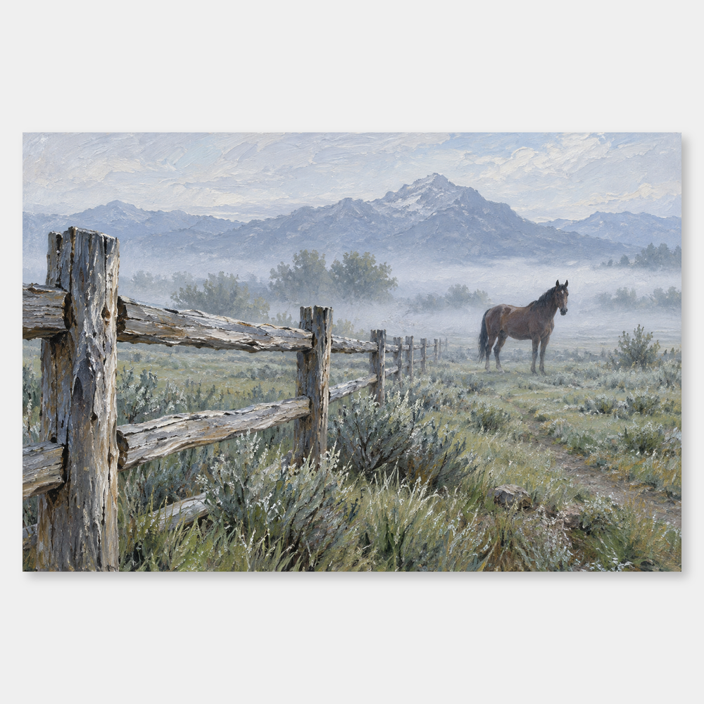 Ranch Fence at Morning oil painting on a neutral gray background