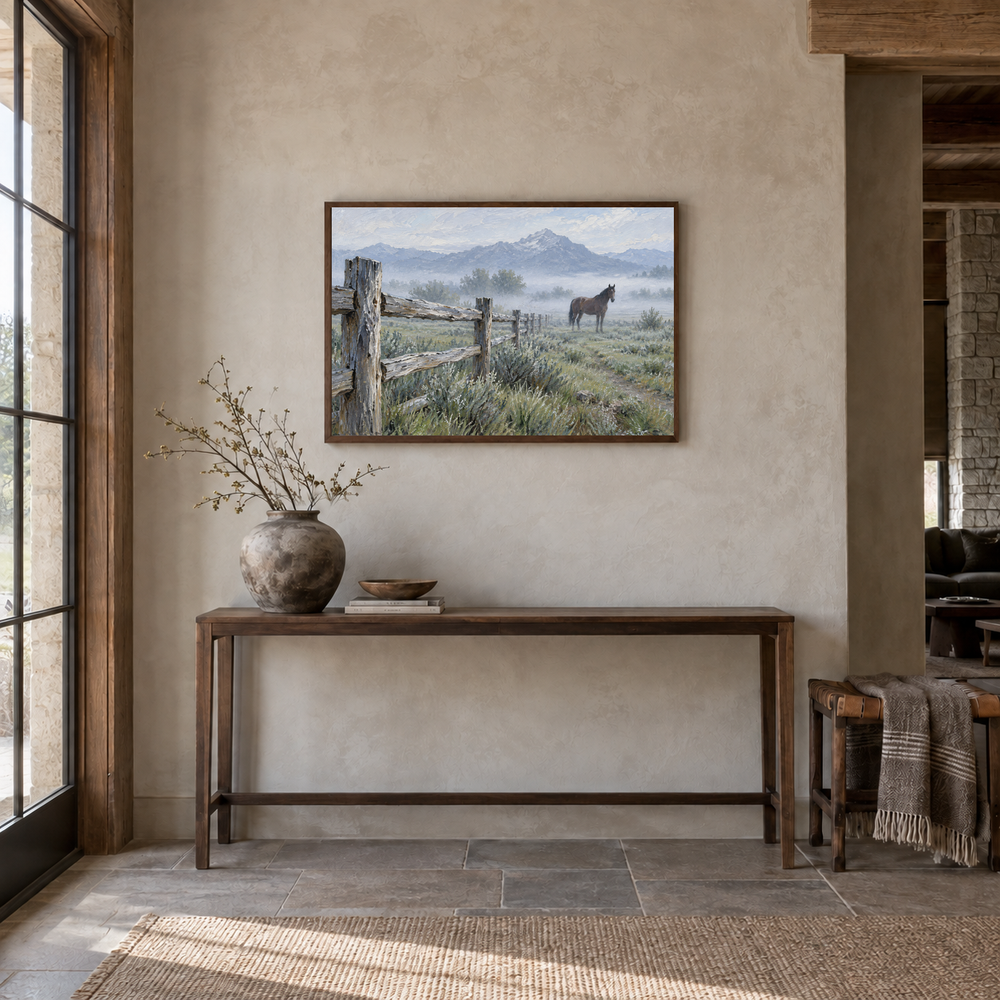 Ranch Fence at Morning painting framed in a Western entryway