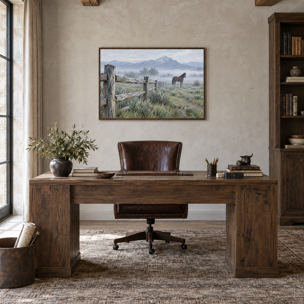 Ranch Fence at Morning painting framed in a oak-furnished study