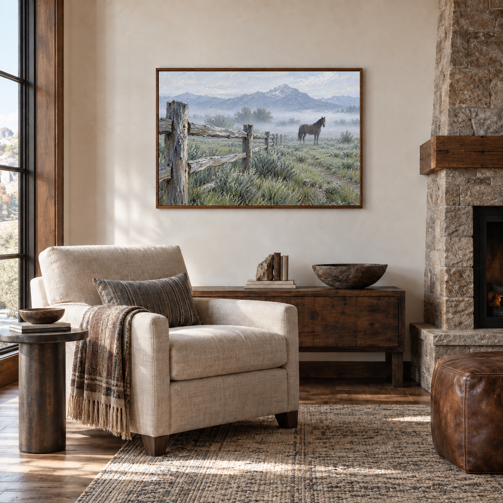 Ranch Fence at Morning painting framed in a stone lodge reading room