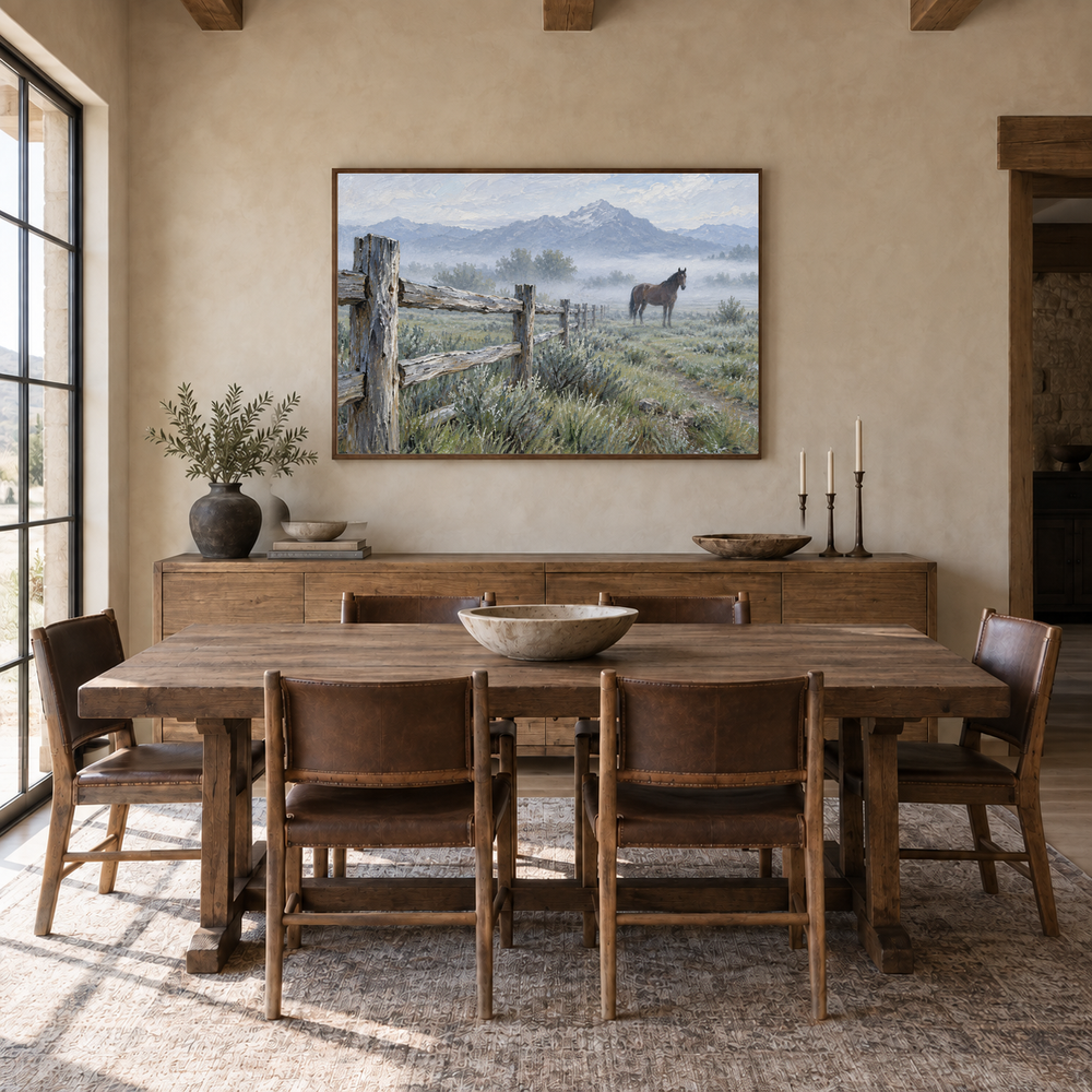 Ranch Fence at Morning painting framed in a ranch dining room