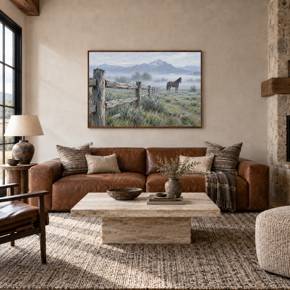 Ranch Fence at Morning painting framed in a ranch living room