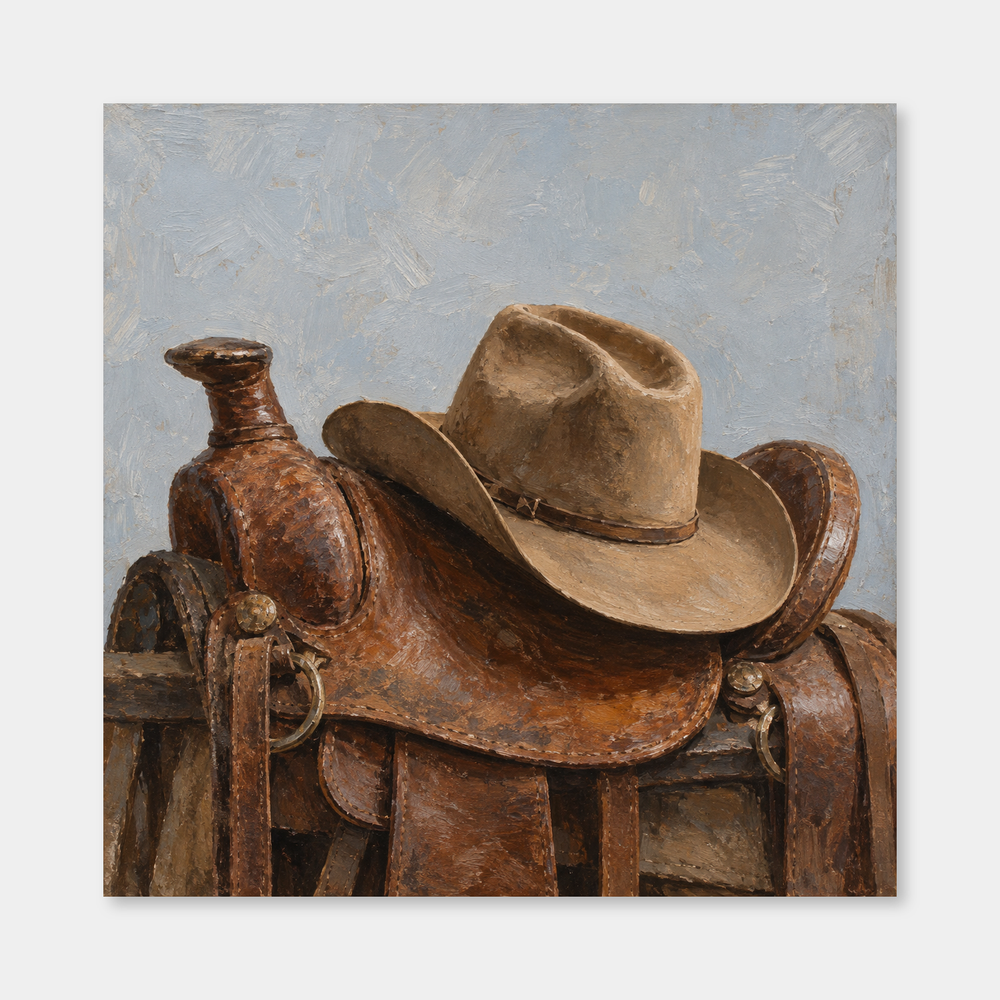 Cowboy Hat on Saddle oil painting on a neutral gray background
